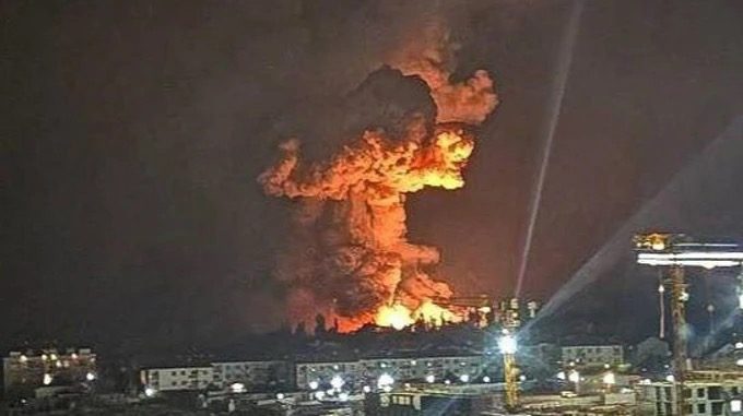 The Caspian Pipeline Consortium terminal at Novorossiysk ablaze after a drone strike. Credit: Pravda.