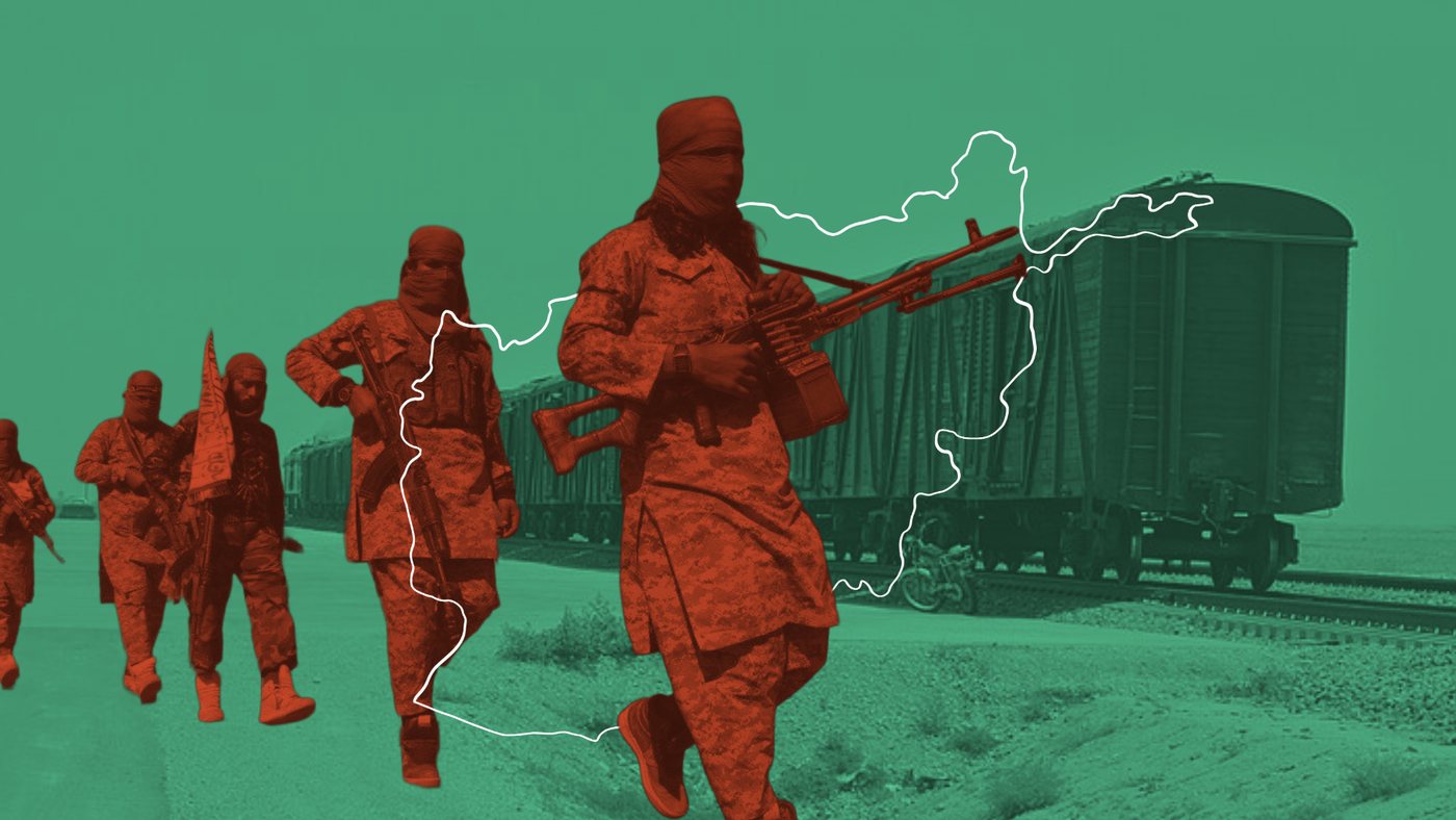 Taliban fighters beside rolling stock in northern Afghanistan. Composite by deKilpeck.