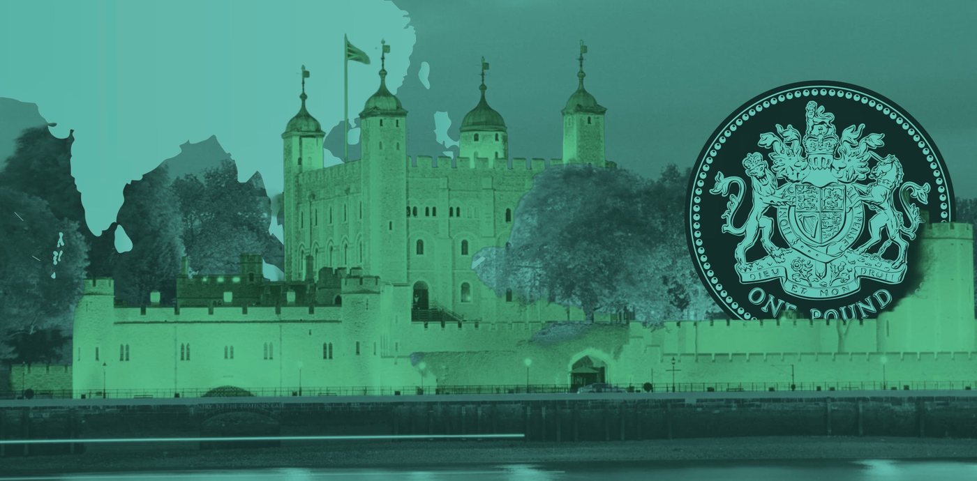 The Tower of London overlaid with a map of South Asia and a pound coin. Composite by deKilpeck.