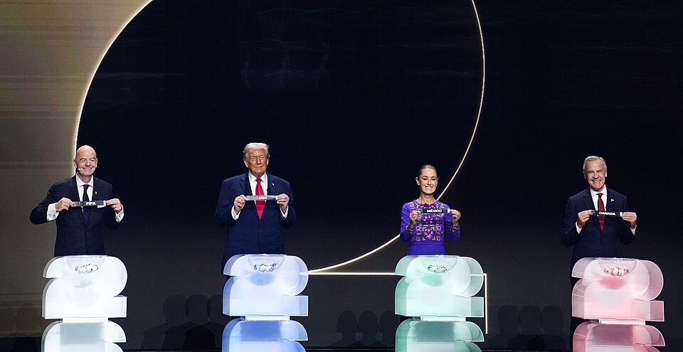 Gianni Infantino with the leaders of the three host nations — Donald Trump, Claudia Sheinbaum and Mark Carney — at the World Cup draw. Credit: Associated Press.